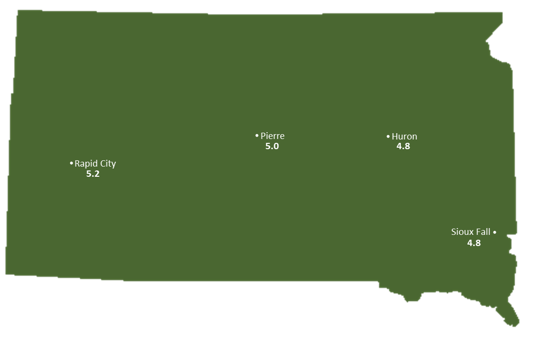 South Dakota Sun Light Hours Map