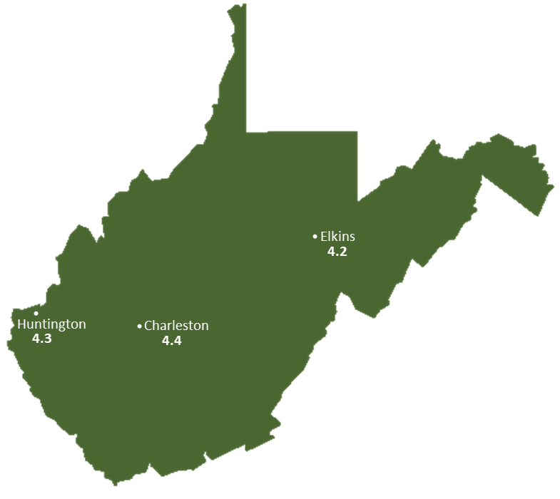 West Virginia Sun Light Hours Map